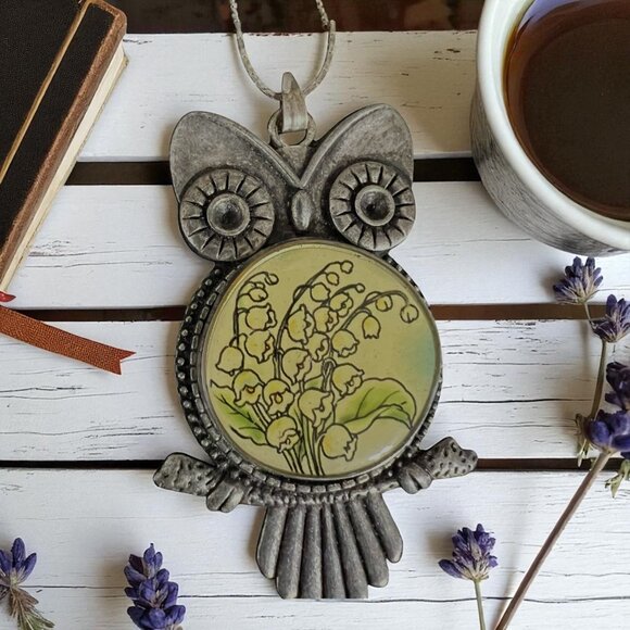 Vintage Owl Pendant‎ Necklace 17" With Lily Of The Valley Art Nouveau Steam Punk - Picture 1 of 6